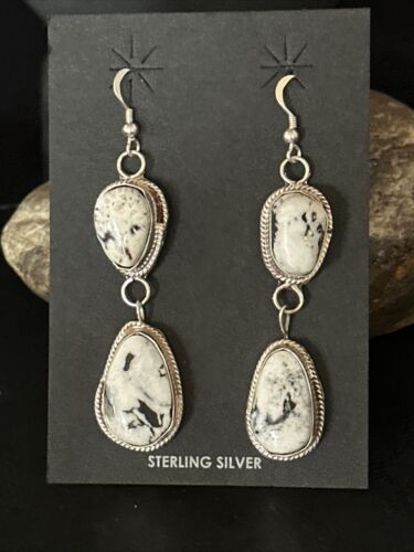 Navajo White Buffalo Turquoise Dangle Earrings | Sterling Silver | 2" | Authentic Native American Handmade | 14714