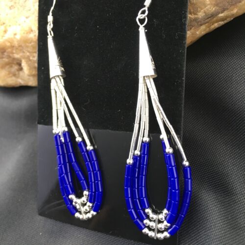 Native American Handmade Sterling Silver Heishi Dangle Earrings | Blue Lapis | 2" | 1965