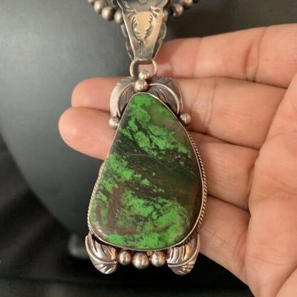 Native American Green Gaspeite Pendant Necklace | Sterling Silver | 13996