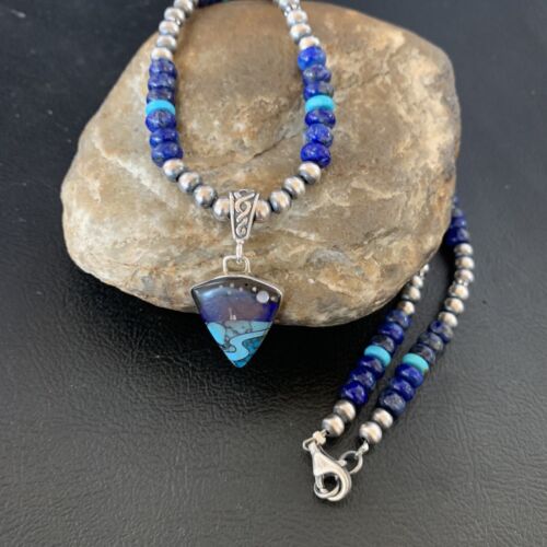 Men's Navajo Pendant | Blue Lapis Turquoise Opal Sterling Necklace 22" | Handmade Jewelry 13390