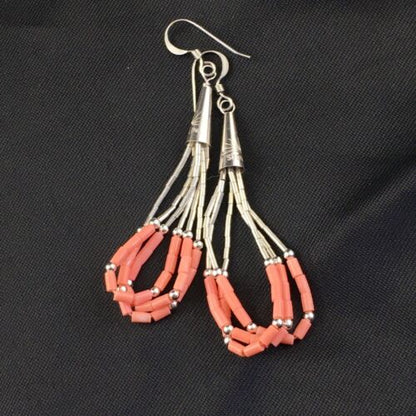 Native American Liquid Silver Heishi Dangle Earrings | Pink Coral | Sterling Silver | 2" | 2029