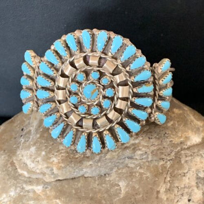 Navajo Old Pawn Zuni Blue Turquoise Cuff Bracelet | Sterling Silver | Authentic Native American Handmade | 12836