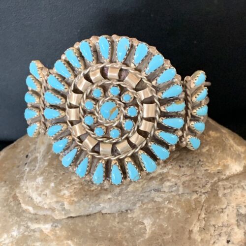 Navajo Old Pawn Zuni Blue Turquoise Cuff Bracelet | Sterling Silver | Authentic Native American Handmade | 12836