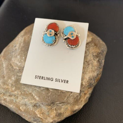 Zuni Snake Earrings | Blue Kingman Turquoise & Red Coral | Sterling Silver | Native American Handmade | 12041