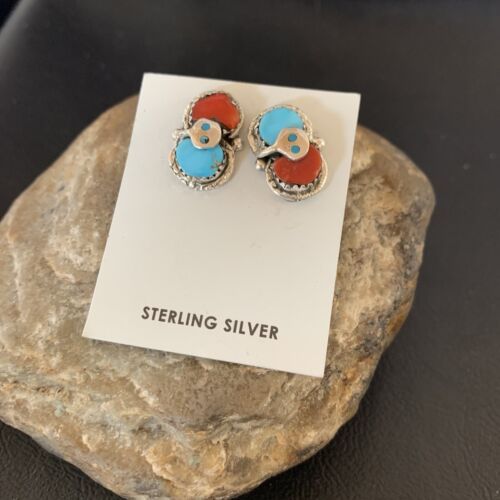 Zuni Snake Earrings | Blue Kingman Turquoise & Red Coral | Sterling Silver | Native American Handmade | 12041