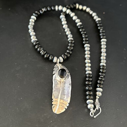 Navajo Pearls Black Onyx Necklace Pendant | Sterling Silver | Authentic Native American Handmade | 14626