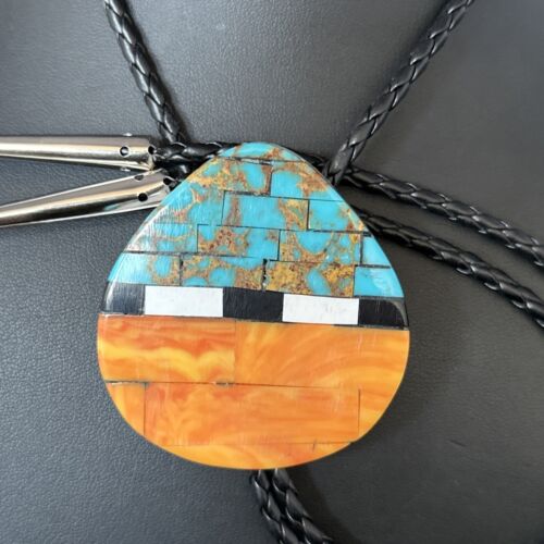 Men's Bolo Tie | Turquoise & Orange Spiny Oyster | Sterling Silver Tips | 14628