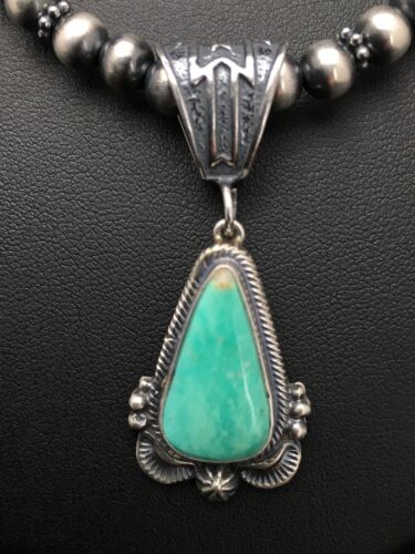 Navajo Green Turquoise Pendant Necklace | Sterling Silver | Authentic Native American Handmade | 2646