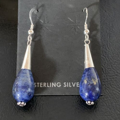 Navajo Lapis Lazuli Bead Dangle Earrings | Sterling Silver | 1" | Authentic Native American Handmade | 13330
