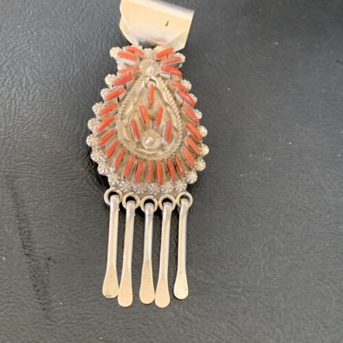 Old Pawn Zuni Multi-Stone Coral Needle Point Pendant Necklace | Sterling Silver | 12556
