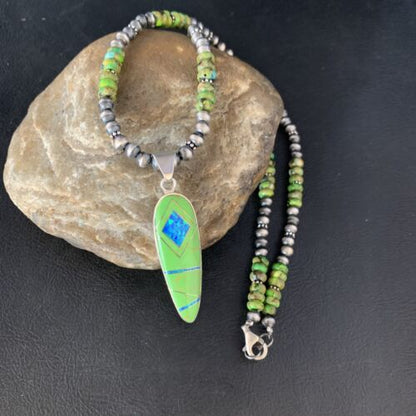 Navajo Green Turquoise Gaspeite Inlay Necklace | Sterling Silver | Authentic Native American Handmade | 13810