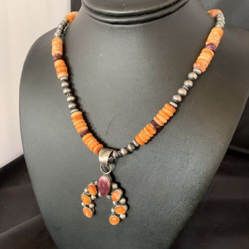 Navajo Sterling Silver Necklace | Orange Spiny Oyster Cluster Naja Pendant | 13165