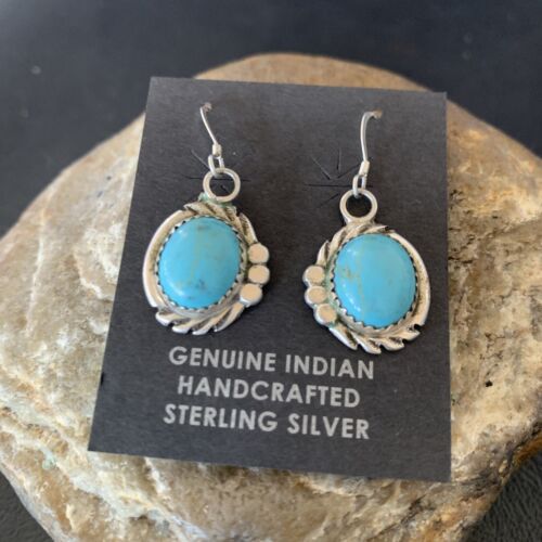 Navajo Blue Turquoise Dangle Drop Earrings | Sterling Silver | 1" | Authentic Native American Handmade | 12746