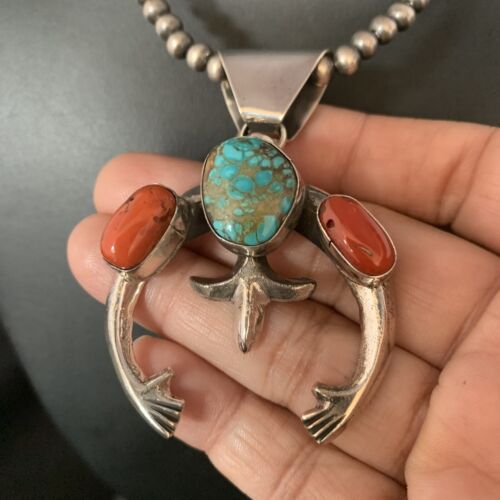 Navajo Pearl Necklace with Royston Turquoise & Coral Naja Pendant | Sterling Silver | 13644