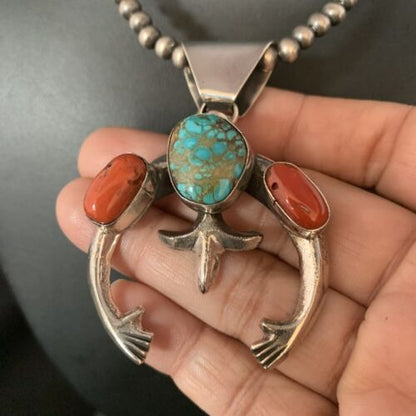Navajo Pearl Necklace with Royston Turquoise & Coral Naja Pendant | Sterling Silver | 13644