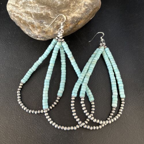 Navajo Turquoise Heishi Beads Earrings | Sterling Silver | 5" | Authentic Native American Handmade | 14295