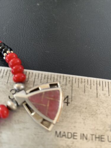 Navajo Pearls Necklace Pendant | Sterling Silver Onyx & Coral Inlay | Authentic Native American Handmade | 1930