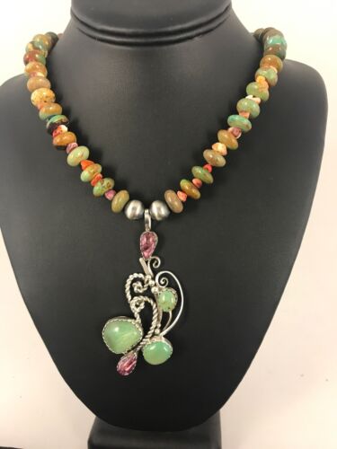 Navajo Green Turquoise & Spiny Oyster Pendant Necklace | Authentic Native American Sterling Silver | Multi-Stone | 8488