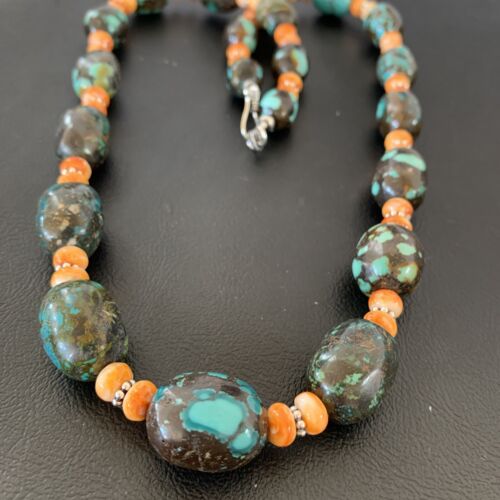 Navajo Green Turquoise & Orange Spiny Oyster Necklace | Sterling Silver | 25" | Authentic Native American Handmade | 1849