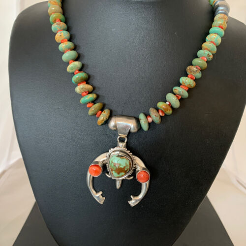 Navajo Green Turquoise Spiny Oyster Pendant Necklace | Authentic Native American Sterling Silver | Naja | 02139
