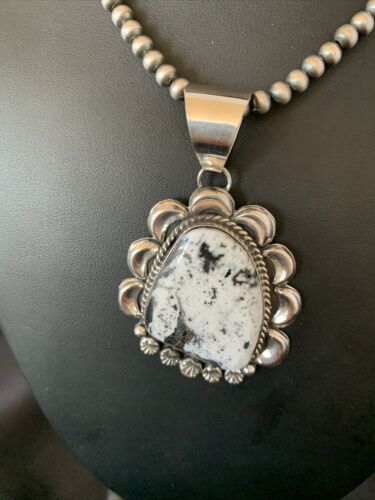 Navajo White Buffalo Turquoise Pendant | Sterling Silver | Authentic Native American Handmade | 11686