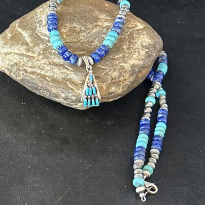 Zuni Blue Turquoise Lapis Multi-Stone Necklace Pendant | Authentic Native American Sterling Silver | 14639