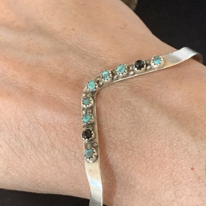 Navajo Old Pawn Cuff Bracelet | Sterling Silver | Handmade Blue Turquoise & Onyx | 13583 - Masha USA