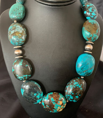 Chunky Navajo Pearl Graduated Turquoise Necklace | Sterling Silver | Authentic Native American Jewelry | 21" | 11903 - Masha USA