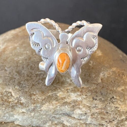 Navajo Orange Spiny Oyster Butterfly Ring | Sterling Silver | Sz Adj 8 | Authentic Native American Handmade | 10350