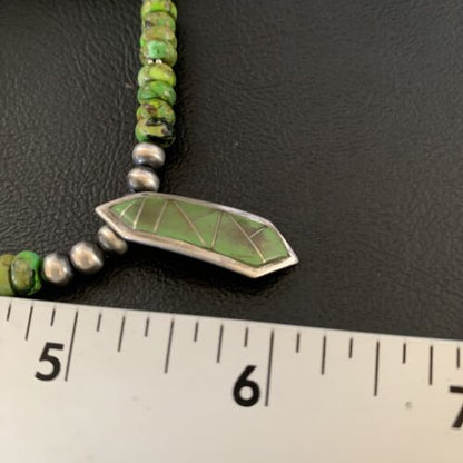 Navajo Green Gaspeite Turquoise Inlay Pendant | Sterling Silver | Authentic Native American Handmade | 13270