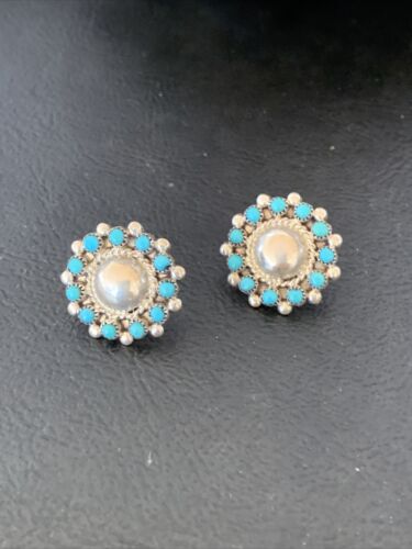 Authentic Native American Zuni Petite Point Turquoise Earrings | Sterling Silver | Handmade | 1609