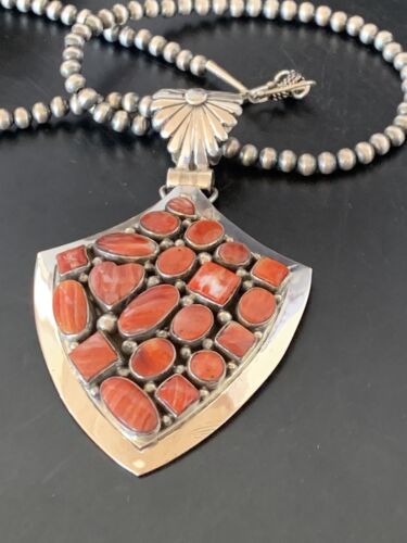Navajo Red Spiny Oyster Pendant | Sterling Silver | Authentic Native American Handmade | 11514