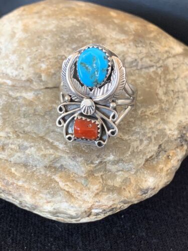 Authentic Navajo Kingman Turquoise & Coral Ring | Sterling Silver | Sz 14 | Native American Jewelry