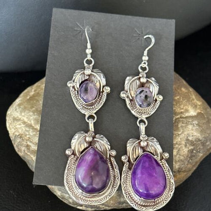 Navajo Purple Sugilite Dangle Earrings | Sterling Silver | 2" | Authentic Native American Handmade | 14461