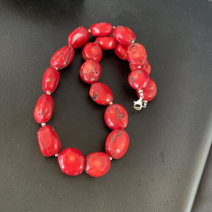 Navajo Red Coral Bead Necklace | Sterling Silver | 20" | Authentic Native American Handmade | 13409