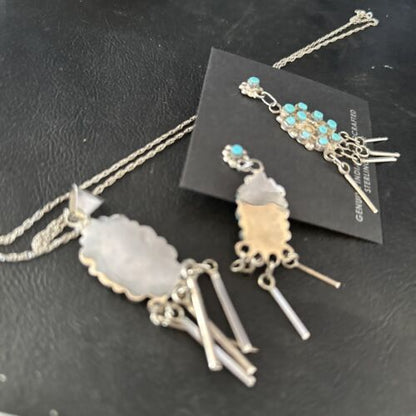 Native American Zuni Kingman Turquoise Necklace Pendant Earrings Set | Sterling Silver | 14487