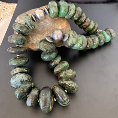 Navajo Chunky Graduated Natural Green Turquoise Necklace | Sterling Silver | Authentic Native American | 21" | 11359