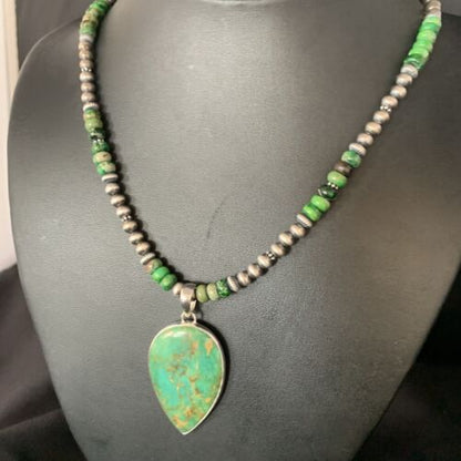 Navajo Pearl Green Turquoise Necklace Pendant | Sterling Silver | Authentic Native American Handmade | 13469