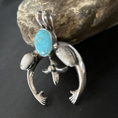 Navajo Blue Kingman Turquoise White Buffalo Naja Pendant | Sterling Silver | Authentic Native American Handmade | 14669 - Masha USA