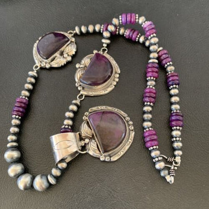 Navajo Pearls Sterling Silver Purple Sugilite Bead Necklace with 3 Pendants | 10869