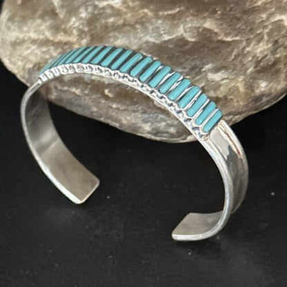 Zuni Blue Turquoise Inlay Cuff Bracelet | Sterling Silver | Authentic Native American Handmade | 14588