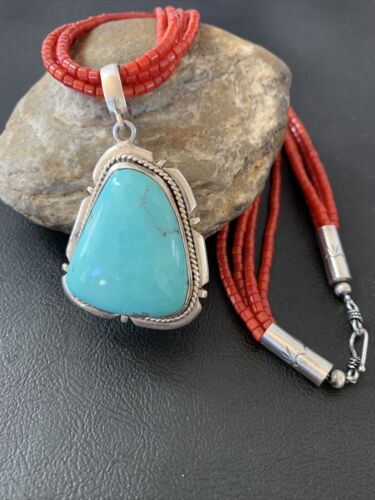 Navajo Red Coral Turquoise Bead Necklace Pendant | Sterling Silver | Multi-Strand | 1953