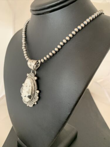 Navajo White Turquoise Buffalo Pendant Necklace | Sterling Silver | Authentic Native American Handmade | 1369