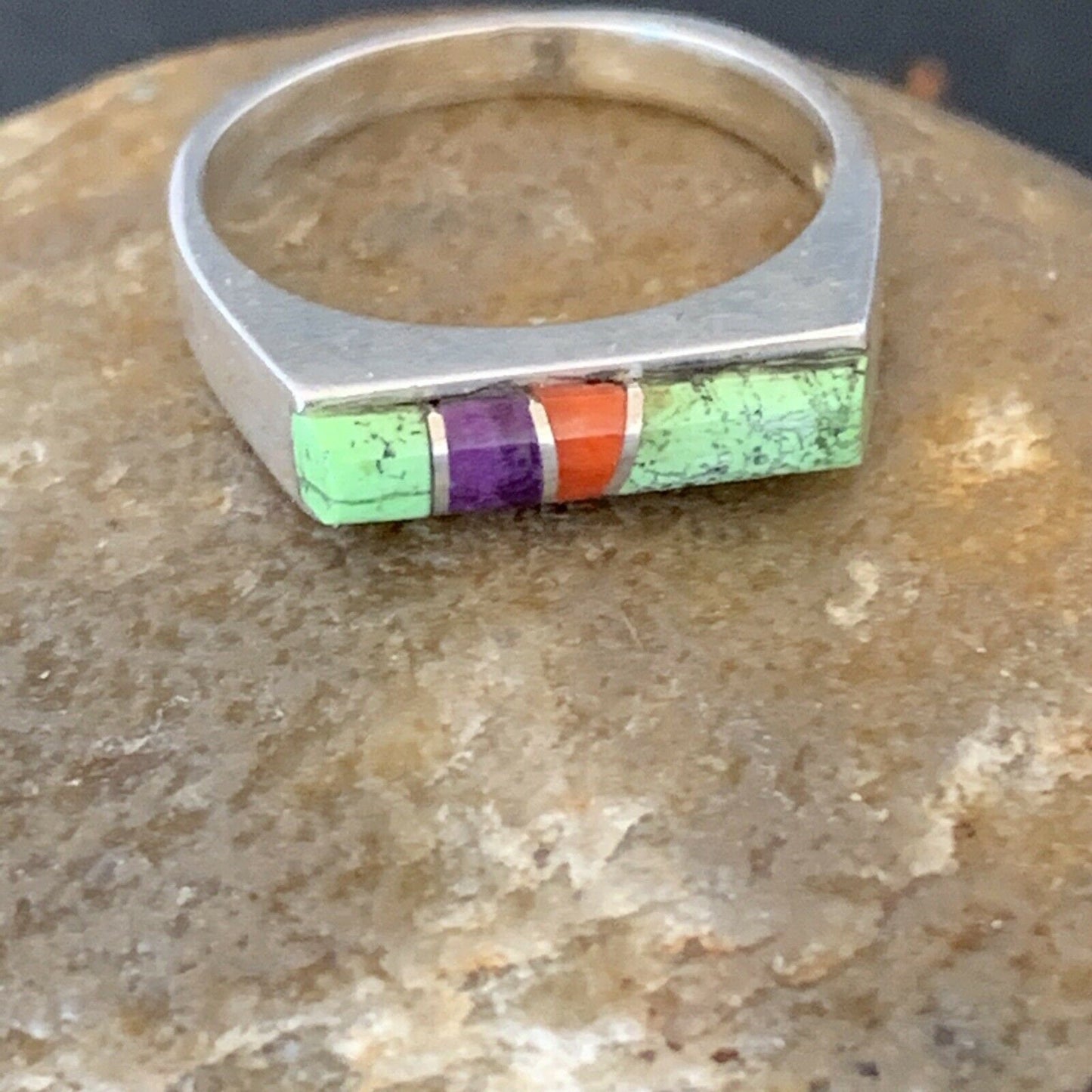 Native American Navajo Green Gaspiete Sugilite Red Coral Inlay Ring | Sz 5 | 10995