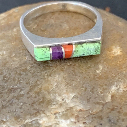 Native American Navajo Green Gaspiete Sugilite Red Coral Inlay Ring | Sz 5 | 10995