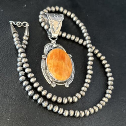 Navajo Pearls Necklace with Orange Spiny Oyster Pendant | Sterling Silver | Authentic Native American Handmade | 14720