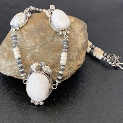 Navajo Pearls White Buffalo Turquoise Necklace Pendant | Sterling Silver | Authentic Native American Handmade | 10804 - Masha USA
