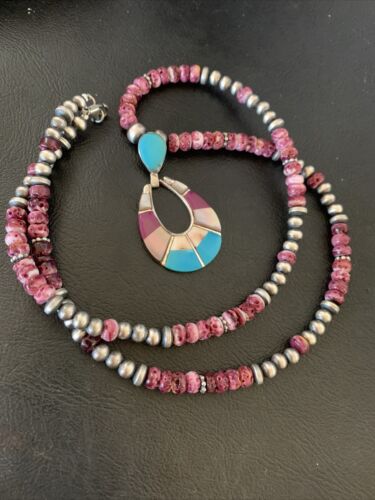 Navajo Sterling Silver Necklace | Turquoise & Purple Spiny Oyster Inlay Pendant Set | 18" | 12331