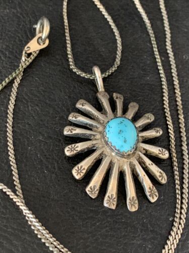 Navajo Kingman Blue Turquoise Pendant | Sterling Silver Heishi Necklace | Authentic Native American Handmade | 13829
