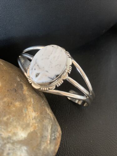 Navajo White Buffalo Turquoise Cuff Bracelet | Sterling Silver | Authentic Native American Handmade | 1389 - Masha USA